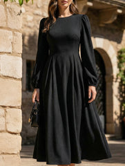 High-waisted round neck simple puff sleeve dress_CWDMD02218