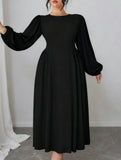 High-waisted round neck simple puff sleeve dress_CWDMD02218