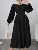 High-waisted round neck simple puff sleeve dress_CWDMD02218