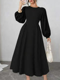 High-waisted round neck simple puff sleeve dress_CWDMD02218