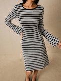 Color-blocked bell-sleeve fitted knit dress for women_CWDMD02221