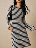 Color-blocked bell-sleeve fitted knit dress for women_CWDMD02221