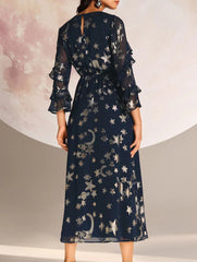 Vintage Printed Black Bell Sleeve Dress_CWDMD02238