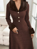 Elegant fur-trimmed patchwork dress for women_CWDMD02246