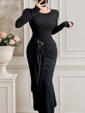 Round neck fitted waist bodycon dress for women_CWDMD02249
