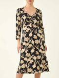 Printed V Neck Tie Waist Midi Dress_CWDMD02275