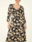 Printed V Neck Tie Waist Midi Dress_CWDMD02275