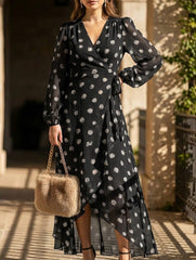 French Polka Dot Waist Fit Midi Dress_CWDMD02276