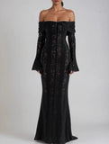 Lace Off Shoulder Bell Sleeve Evening Dress_CWDMD02277