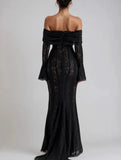Lace Off Shoulder Bell Sleeve Evening Dress_CWDMD02277