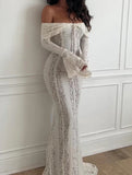 Lace Off Shoulder Bell Sleeve Evening Dress_CWDMD02277