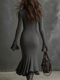 Sexy Zip Collar Bell Sleeve Mermaid Dress_CWDMD02292