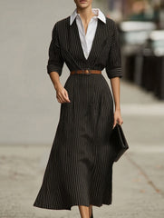 Vintage Striped Shirt Dress with Waist Tie_CWDMD02294