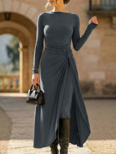 Solid Wrap Style Knot Long Sleeve Dress_CWDMD02296