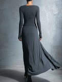 Solid Wrap Style Knot Long Sleeve Dress_CWDMD02296