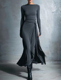Solid Wrap Style Knot Long Sleeve Dress_CWDMD02296