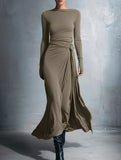 Solid Wrap Style Knot Long Sleeve Dress_CWDMD02296