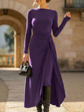 Solid Wrap Style Knot Long Sleeve Dress_CWDMD02296