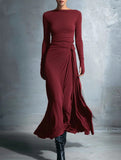 Solid Wrap Style Knot Long Sleeve Dress_CWDMD02296