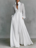 French Pleated Waist Fit White Maxi Dress_CWDMD02298