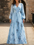 V Neck Pleated Printed Slim Maxi Dress_CWDMD02301