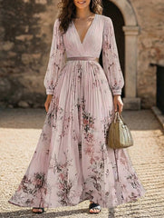 V Neck Pleated Printed Slim Maxi Dress