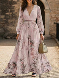 V Neck Pleated Printed Slim Maxi Dress_CWDMD02301