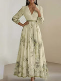 V Neck Pleated Printed Slim Maxi Dress_CWDMD02301