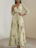 V Neck Pleated Printed Slim Maxi Dress