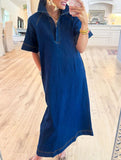 Retro Polo Collar Half-Open Denim Dress for Women