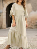 Ramie Lantern Sleeve Tie Waist Midi Dress