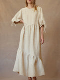 Ramie Lantern Sleeve Tie Waist Midi Dress_CWDMD02336