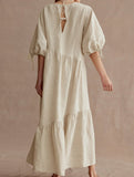 Ramie Lantern Sleeve Tie Waist Midi Dress