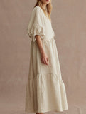 Ramie Lantern Sleeve Tie Waist Midi Dress