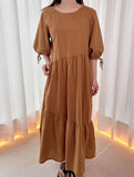 Ramie Lantern Sleeve Tie Waist Midi Dress_CWDMD02336