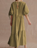 Ramie Lantern Sleeve Tie Waist Midi Dress_CWDMD02336