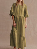 Ramie Lantern Sleeve Tie Waist Midi Dress