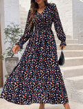 Women's Printed V-Neck Full Skirt Dress_CWDMD02343