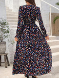 Women's Printed V-Neck Full Skirt Dress_CWDMD02343