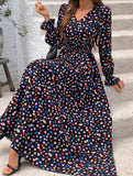Women's Printed V-Neck Full Skirt Dress_CWDMD02343