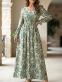 Women's Printed V-Neck Full Skirt Dress_CWDMD02343