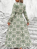 Women's Printed V-Neck Full Skirt Dress_CWDMD02343
