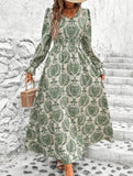 Women's Printed V-Neck Full Skirt Dress_CWDMD02343