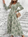 Women's Printed V-Neck Full Skirt Dress_CWDMD02343