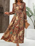 Women's Printed V-Neck Full Skirt Dress_CWDMD02343