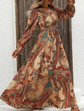 Women's Printed V-Neck Full Skirt Dress_CWDMD02343
