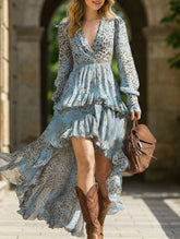 Printed V-neck long-sleeved lace dress for women_CWDMD02346