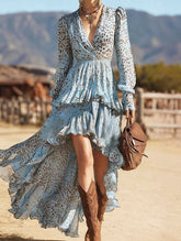 Printed V-neck long-sleeved lace dress for women_CWDMD02346