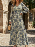Vintage Print V Neck Long Sleeve Maxi Dress_CWDMD02351