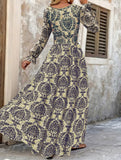 Vintage Print V Neck Long Sleeve Maxi Dress_CWDMD02351